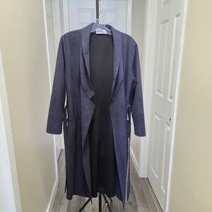Rebecca King Navy Open Front Drapey Stretch Jersey Faux Suede Duster Belted Coat